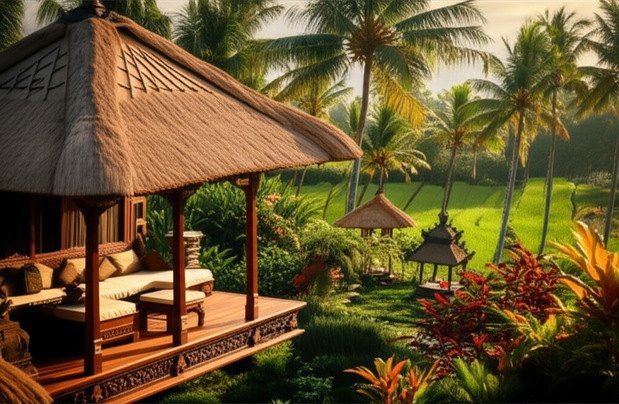 A Balinese villa surrounded by lush tropical vegetation, showcasing traditional architecture and the harmony with nature.
