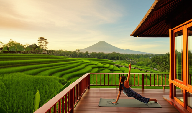 A woman practicing yoga on the deck of a Balinese villa overlooking rice paddies and a volcano at sunset, illustrating the high quality of life offered on the island.
