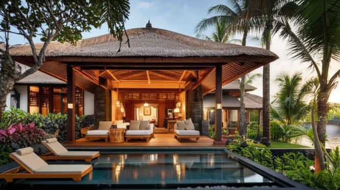 Architectural illustration of a Balinese villa featuring sustainable materials like teak wood, stone, bamboo, and alang-alang roofing, integrated seamlessly with the tropical landscape.