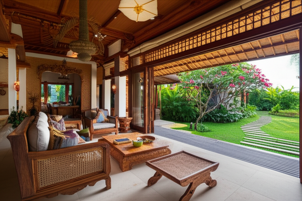 Luxurious Balinese villa with seamless indoor-outdoor living, featuring local materials and lush tropical gardens.