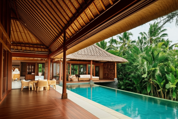 Luxurious Balinese villa with open-plan living, infinity pool, and lush tropical garden, showcasing traditional architecture and sustainable design.