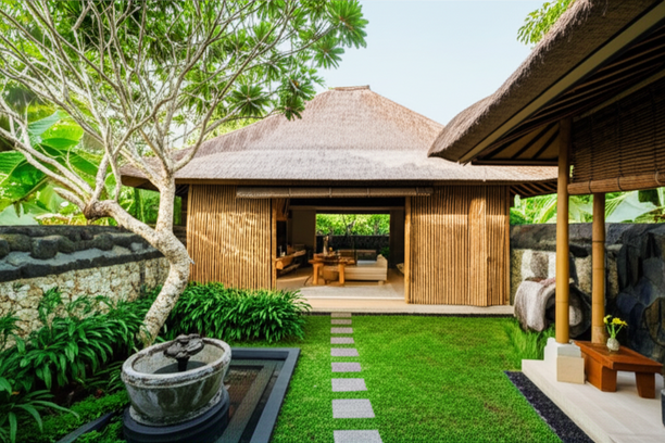 A beautiful Balinese villa showcasing traditional architecture and materials, surrounded by lush tropical landscaping.