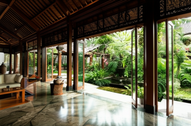 An open-plan Balinese villa living room with a lush tropical garden, showcasing indoor-outdoor living.