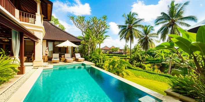 A beautiful Balinese villa with a pool and lush tropical garden, representing the dream of owning a home in Bali.