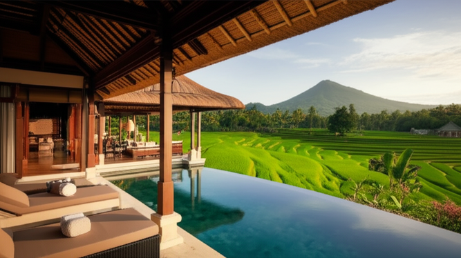 Luxurious Balinese villa with an infinity pool overlooking rice paddies
