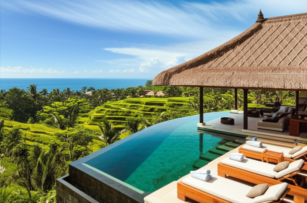 Luxurious Balinese villa overlooking rice terraces and the ocean, representing the dream of owning a home in Bali.