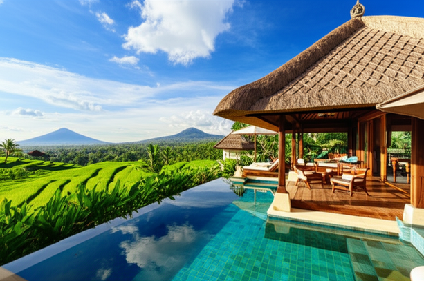 A stunning Balinese villa with a thatched roof and infinity pool overlooking a rice paddy field, illustrating the beauty and luxury of owning property in Bali.
