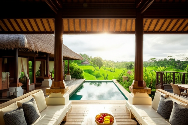 Luxurious Balinese villa renovation showcasing a blend of modern design and traditional architecture, surrounded by tropical greenery.