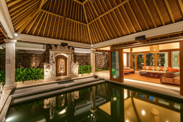 A rendered image of a Balinese villa renovation, showcasing traditional and modern design elements.