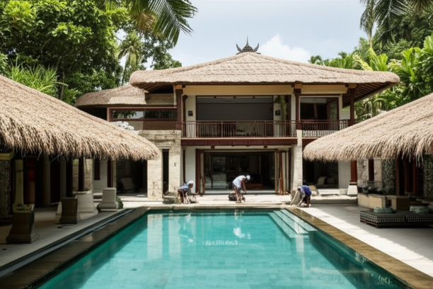 Architectural rendering of a Balinese villa renovation, showcasing open-plan design, natural materials, and sustainable features.