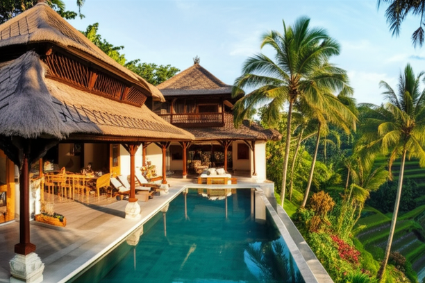 Luxurious Balinese villa showcasing a renovation that blends indoor and outdoor living, traditional architecture, and lush tropical scenery.