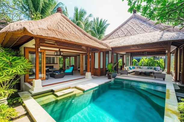 A renovated Balinese villa with large glass doors open to a terrace and swimming pool, showcasing the integration of indoor and outdoor living.