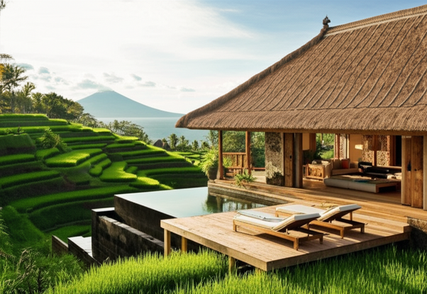 A luxurious Balinese villa with a thatched roof and open-plan design, surrounded by lush rice terraces and a volcanic mountain, showcasing harmonious integration with the natural environment.