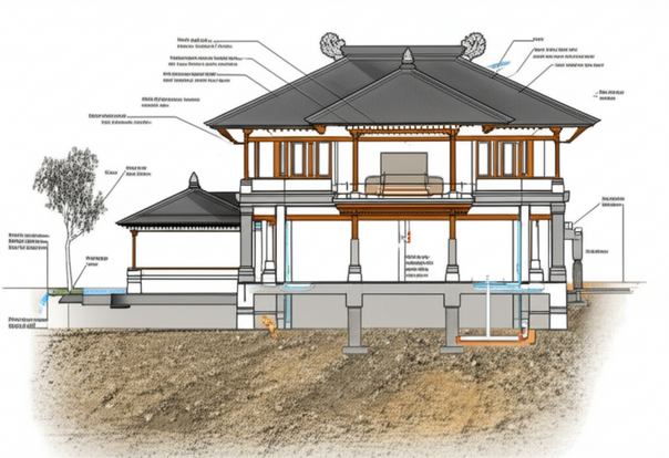 Cross-section diagram of a Balinese villa, illustrating its strong foundation, reinforced structure, and drainage system to withstand Bali's climate and seismic activity.