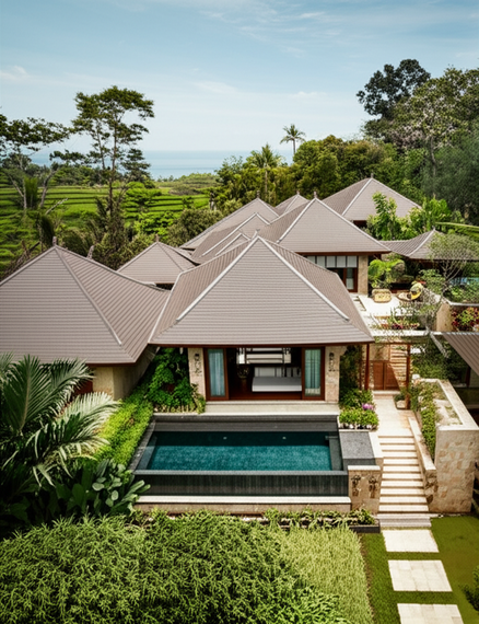 Architectural rendering of a sustainable Balinese villa with traditional design elements and modern features.