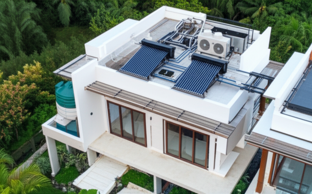 Architectural rendering of a Balinese villa showcasing sustainable MEP (Mechanical, Electrical, and Plumbing) systems, including HVAC, solar water heating, rainwater harvesting, smart lighting, and wastewater treatment.