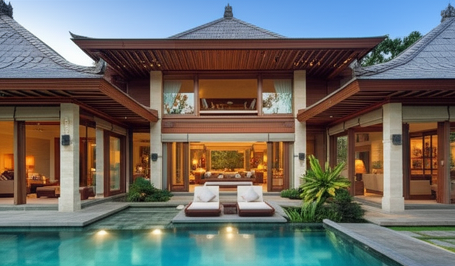 Luxurious Balinese villa with a blend of traditional and modern design elements, nestled in a lush tropical landscape.
