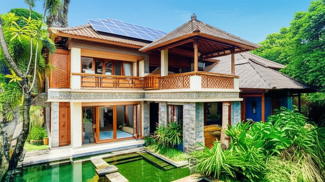 Architectural rendering of a Balinese villa showcasing traditional design elements and modern construction techniques, integrated with sustainable building practices.