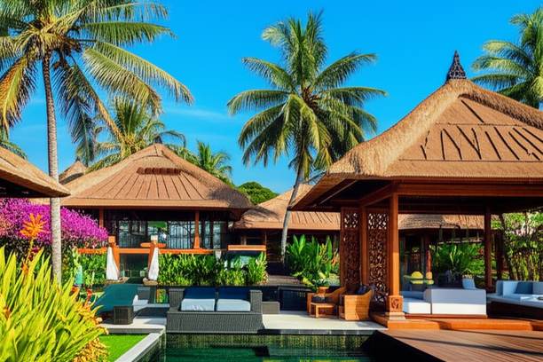 A luxurious Balinese villa showcasing traditional architecture and modern design elements amidst lush tropical vegetation.