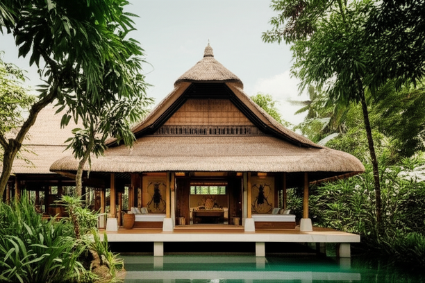 A modern Balinese villa designed with sustainable practices, reflecting the Tri Hita Karana philosophy and incorporating natural materials.
