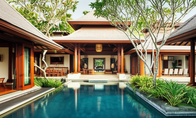 Architectural rendering of a Balinese villa designed in accordance with Tri Hita Karana principles, featuring open living areas, lush gardens, and a strong connection to nature.