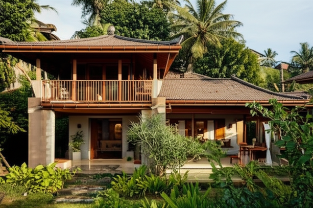 Architectural rendering of a Balinese villa in a yellow zone, showcasing residential design within a tropical landscape.