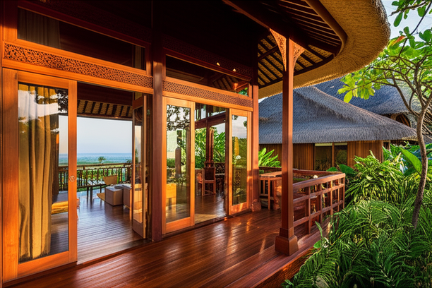 A beautiful wooden villa in Bali, showcasing traditional architecture and surrounded by lush tropical greenery.