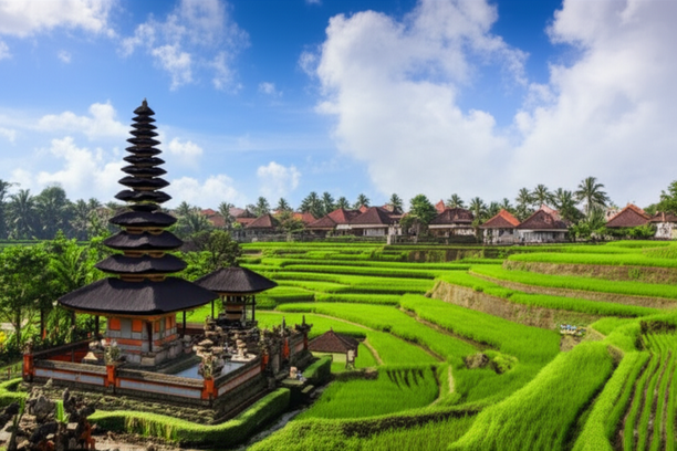 A view of traditional Balinese architecture with a temple, rice paddies, and low-rise buildings, showcasing the island's architectural harmony and adherence to the 15-meter height limit.
