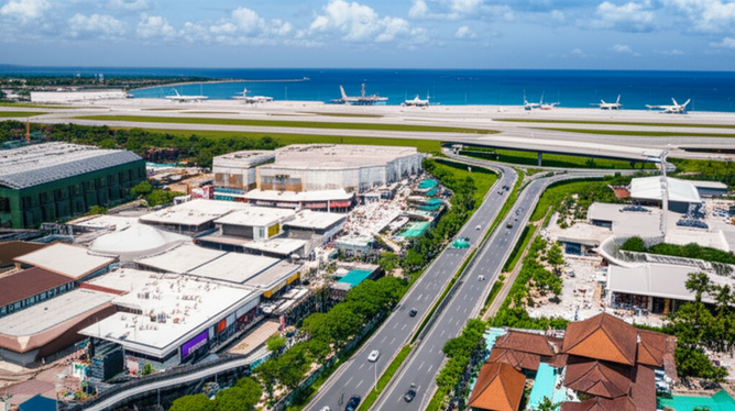 Aerial view of Bali showing diverse commercial construction projects, including resorts, shopping malls, co-working spaces, and infrastructure improvements.