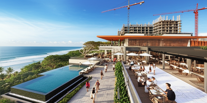 Illustration of diverse commercial developments in Bali, including resorts, retail spaces, and restaurants, highlighting economic vitality and cultural harmony.