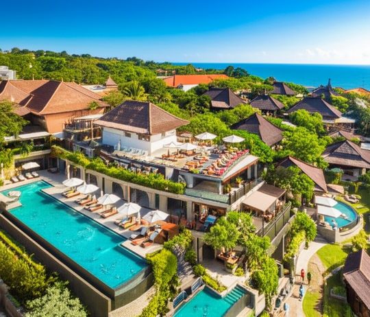 Aerial view of Bali showcasing luxury resorts, boutique hotels, villas, retail complexes, and co-working spaces, representing the island's dynamic commercial growth.