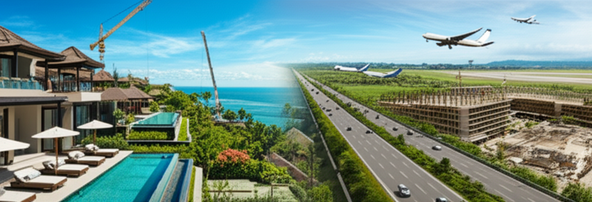 Illustration of Bali's construction boom, showing luxury villas, resorts, infrastructure upgrades, and traditional Balinese elements.