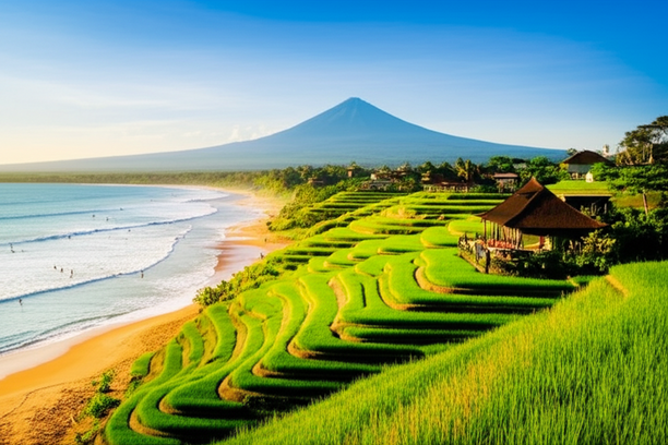 Panoramic view of Bali showcasing beaches, rice terraces, and volcanoes.