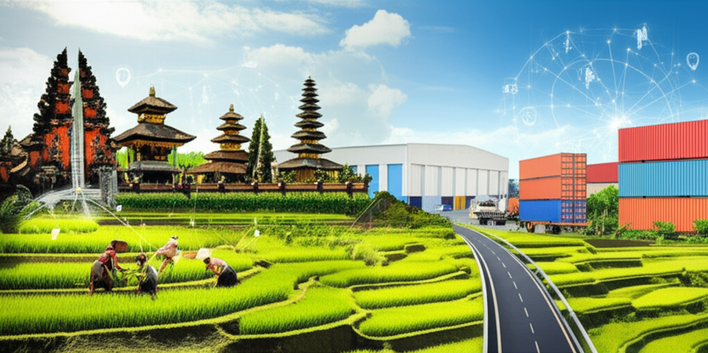 Illustration of Bali's economic transformation, blending traditional rice paddies with modern industrial structures and infrastructure.