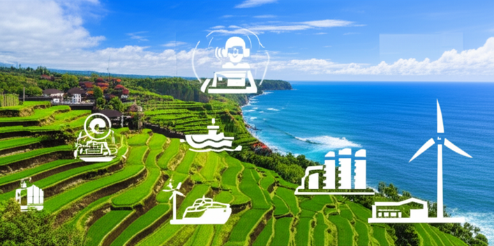 Illustration depicting Bali's industrial future with sustainable industries, clean energy, and cultural integration in a beautiful landscape.