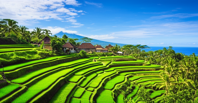 Panoramic view of Bali's rice terraces and coastline, showcasing the island's natural beauty and cultural charm.