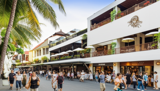 A bustling street scene in Bali showcasing a mix of commercial buildings and people, reflecting the island's vibrant economy driven by tourism.