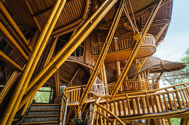 A multi-story building made of bamboo in Bali, showcasing sustainable architecture and design.
