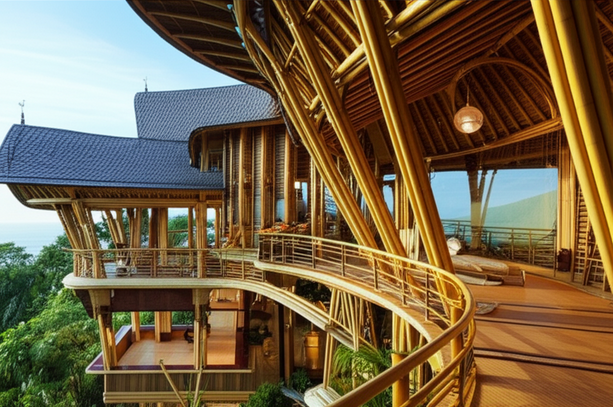 Modern Balinese villa constructed with sustainable bamboo, blending seamlessly with the tropical environment.