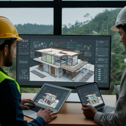 A 3D model of a building on a screen, representing BIM in action, on a Balinese construction site.