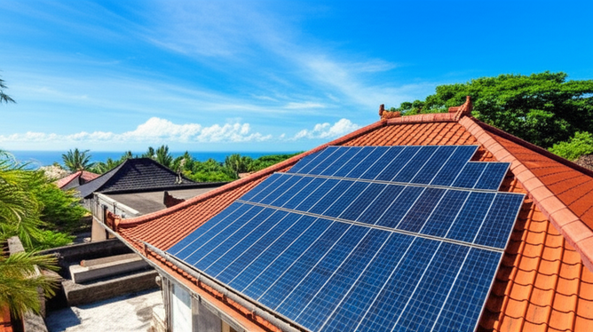 A rooftop in Bali with integrated solar panels (BIPV) showcasing sustainable architecture.