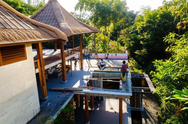 Construction of a modern Balinese villa, showing the integration of traditional and contemporary design.