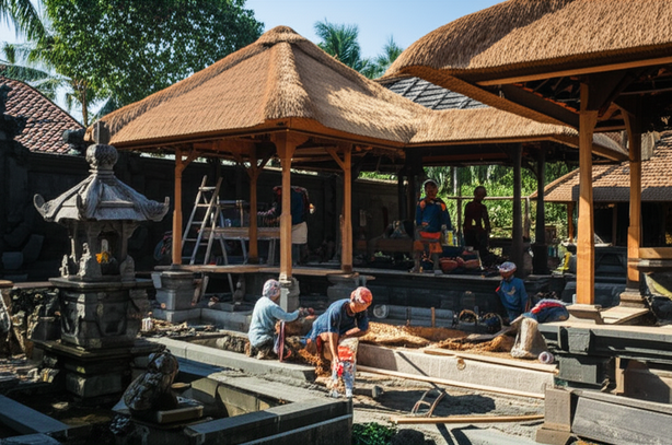 A Balinese home under construction, showcasing traditional architecture and modern building techniques, emphasizing cultural sensitivity and local materials.