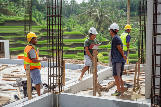 Construction in Bali, showcasing local workers, Balinese architecture, and high-quality materials.