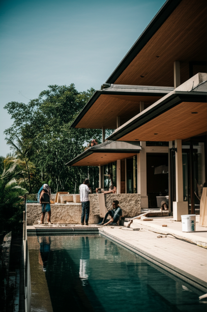 Luxury villa under construction in Bali, showcasing quality materials and skilled craftsmanship.