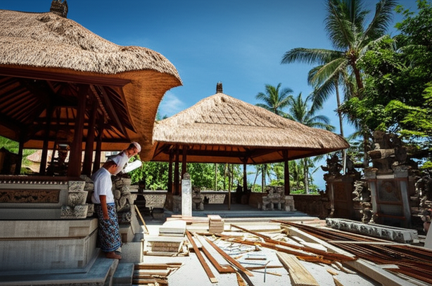 Illustration of a construction site in Bali, showing the integration of traditional Balinese architecture with modern building techniques. A Balinese worker and a Western architect collaborate amidst lush greenery.