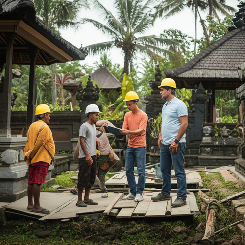 Illustration of a Balinese villa under construction, highlighting cultural sensitivity and harmonious integration with the local community and environment.