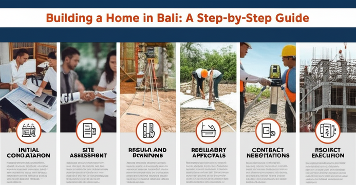 Illustration showcasing the steps involved in building a house in Bali, from initial consultation to project execution.