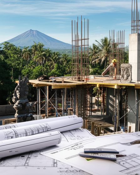 Illustration of a construction site in Bali, showing a partially built structure with traditional Balinese architecture and modern construction techniques, highlighting regulations, climate considerations, and the beauty of the island.
