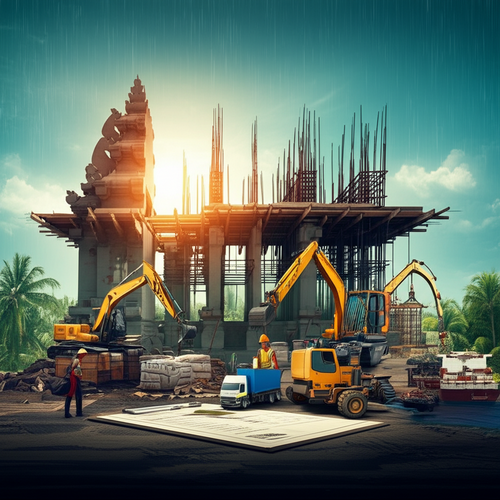 Illustration showing the complexities of construction in Bali, including local regulations, supply chains, climate considerations, and local labor.